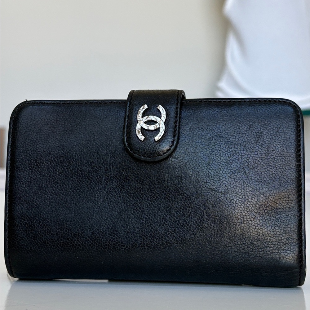 CHANEL Black Wallet with Silver Logo